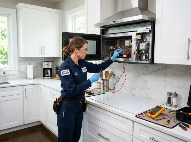Appliance Repair Hero technician testing an over-the-range microwave in a Bradenton, FL kitchen